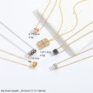 Minimalist square pendant necklaces in various colors displayed with specifications