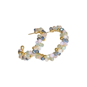 Minimalist gold-plated C-shaped hoop earrings with colorful crystal beaded wrapping