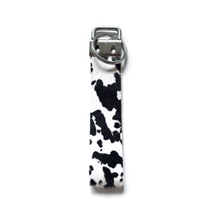 Cow print leather wristlet keychain with silver metal ring for stylish bag decoration