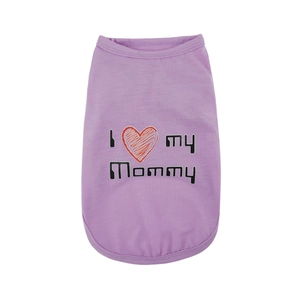 Detail of purple pet vest featuring I Love my Mommy print and red heart design