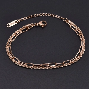 Bracelet double couche en acier titane rose doré avec design trombone et cordelette