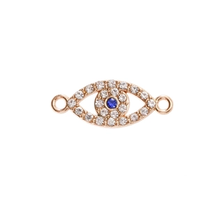 Macro view of rose gold evil eye pendant with micro-pave white and blue zircons
