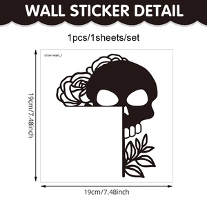 Halloween skull and rose corner wall sticker, black silhouette decal size 19x19cm