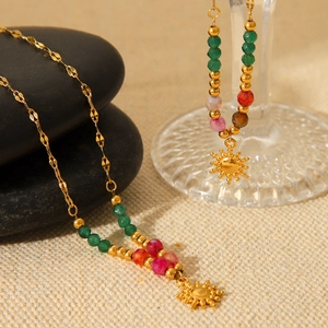 18K gold plated necklace with sun pendant and multi-color natural stone beads set