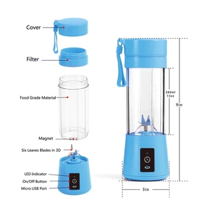Portable 380ml blue electric juicer cup with 6 blades and food grade material overview