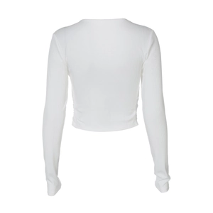 Vue arrière d'un crop top blanc à manches longues en maille côtelée pour femme ajusté