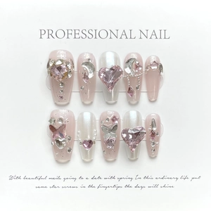 Unghie Finte di Lusso Y2K Fatte a Mano Rosa Argento Polvere Specchio Cuore Strass Farfalla Ciondolo Perla Set Manicure Moda