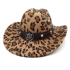 Western Cowboyhut Breite Krempe Polyester Filz Tier Kuh Leopard Muster Mit Lederband Metall Stern Abzeichen Outdoor Party