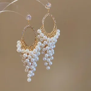 French Retro Grape Cluster Artificial Pearl Tassel Earrings Zircon Alloy With Silver Earring Post Elegant Jewelry For Women
