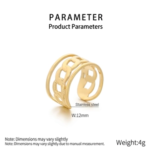 Detail view of 12mm gold stainless steel ring featuring twisted镂空textures and weight info