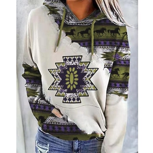 Detail of Aztec pattern and wild horse silhouette on women's oversized hoodie with drawstring
