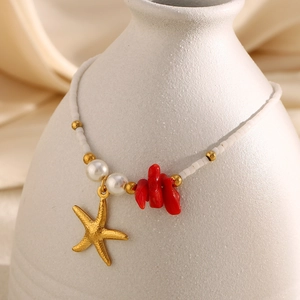 Starfish Pendant Bracelet Women Stainless Steel Gold Plated White Beads Faux Artificial Pearl Red Coral Ocean Beach Summer Jewelry