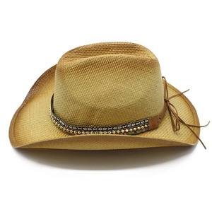 Classic straw western cowboy hat with ethnic beaded band for beach and sun protection