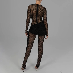Detailed back view of a slim-fit black sheer lace bodysuit with long sleeves for women