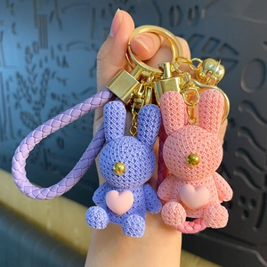 Cute Resin Cartoon Rabbit Keychain With Braided Texture Pink Heart Wrist Strap Bell Animal Pendant For Bags And Cars