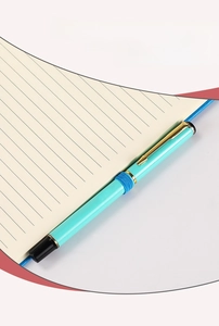 Detail view of the blue notebook side elastic pen loop with a green pen inserted