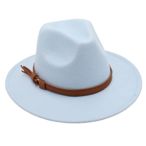 Detail of light blue wool fedora with brown leather strap and classic metal buckle