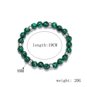Detail of 8mm green malachite beads with silver spacers and product specifications