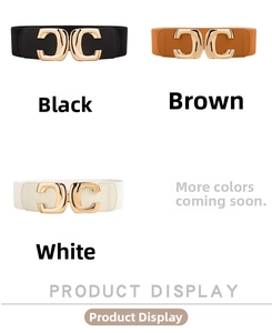 Detailed view of elastic belts with large golden C-shaped metal buckles in black, brown and white