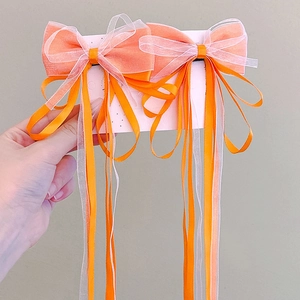 Detail of two orange ribbon bow hair clips with long streamers on a pink card