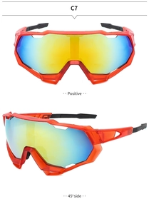 Front and 45-degree views of orange cycling sunglasses with colorful gradient lenses