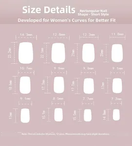Size chart showing width and length for 24pcs short square press on nails in 12 sizes