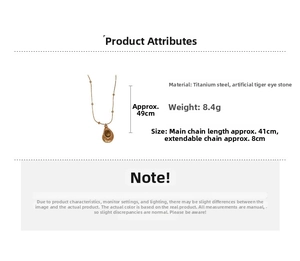 Detailed size specifications for a gold drop necklace with tiger eye stone and chain