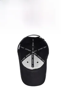 Detail view of the black baseball cap interior featuring KYMY lettered lining tape