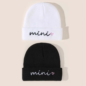 Set of 2 kids autumn winter knit beanies in black and white with mini heart embroidery