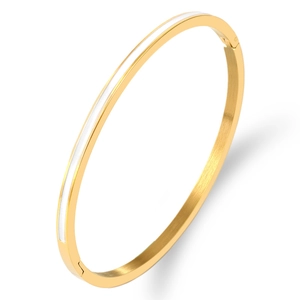 Polished 3mm gold titanium steel bangle featuring a white enamel inlay and clasp closure