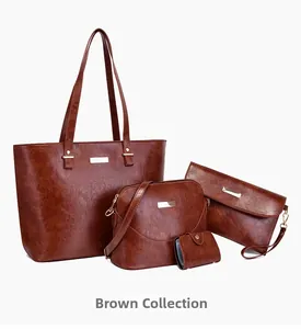 Brown 4-piece set including tote bag, shell bag, clutch and card holder in premium PU leather
