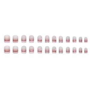 Pink and white gradient French fake nails set with cartoon stars and cat designs