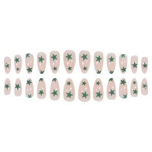 Set of 24 almond press-on nails with green star patterns on nude base finish