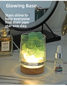 Close-up of the warm LED wooden base with green and white crystal aromatherapy stones