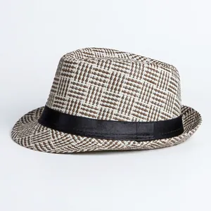 Mens vintage straw fedora hat with plaid weaving and black ribbon for summer sun protection