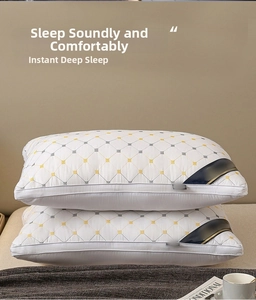 Close-up of a pair of quilted hotel pillows with blue piping and geometric stitching