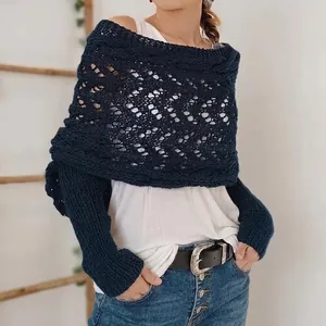 Hollow Out Knit Shawl With Sleeves Polyester Long Wrap Casual Warm Shrug For Women Autumn Winter Fashion