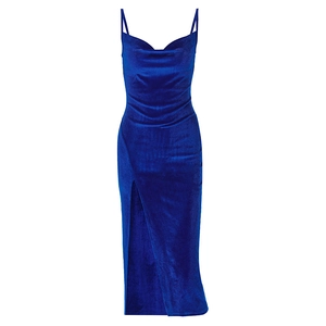 Elegant navy blue velvet cowl neck midi dress with side slit and thin straps