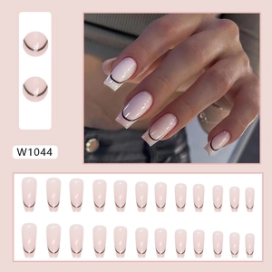 Minimalist long square press-on nails with black French line design and nude pink base