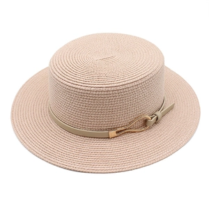 Flat top straw boater hat in beige with brown leather strap and gold metal buckle