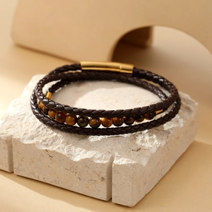 Brown braided leather double wrap bracelet with tiger eye beads and golden metal clasps