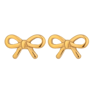 Close-up of elegant gold bow stud earrings in 18K plated stainless steel with high gloss