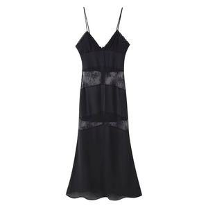 Elegant black satin slip dress with intricate lace stitching and slim fit A-line silhouette