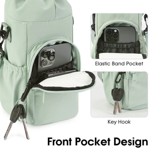 Insulated water bottle carrier bag in light green with front phone pocket and key hook