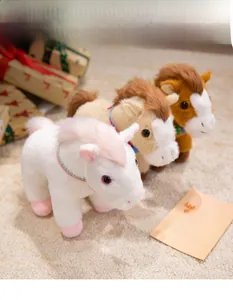 Detailed view of three plush pony dolls in white, beige and brown with rainbow collars