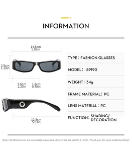 Detailed size specifications for vintage square sunglasses with frame and lens measurements