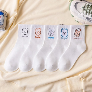 Five pairs of white cotton mid-calf socks with cute cartoon bear and rabbit embroidery
