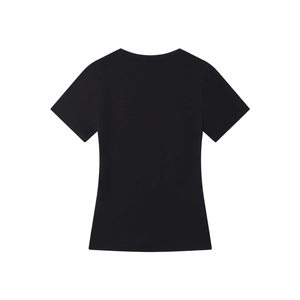 Detailed back view of a slim-fit black short-sleeved cotton T-shirt for women