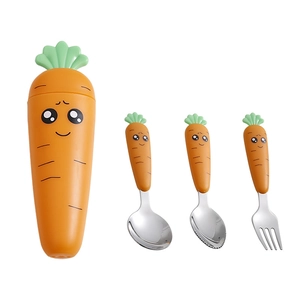 Carrot shaped toddler cutlery set with stainless steel spoon and fork in storage box
