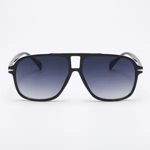 Retro double bridge aviator sunglasses with black matte frames and blue gradient lenses